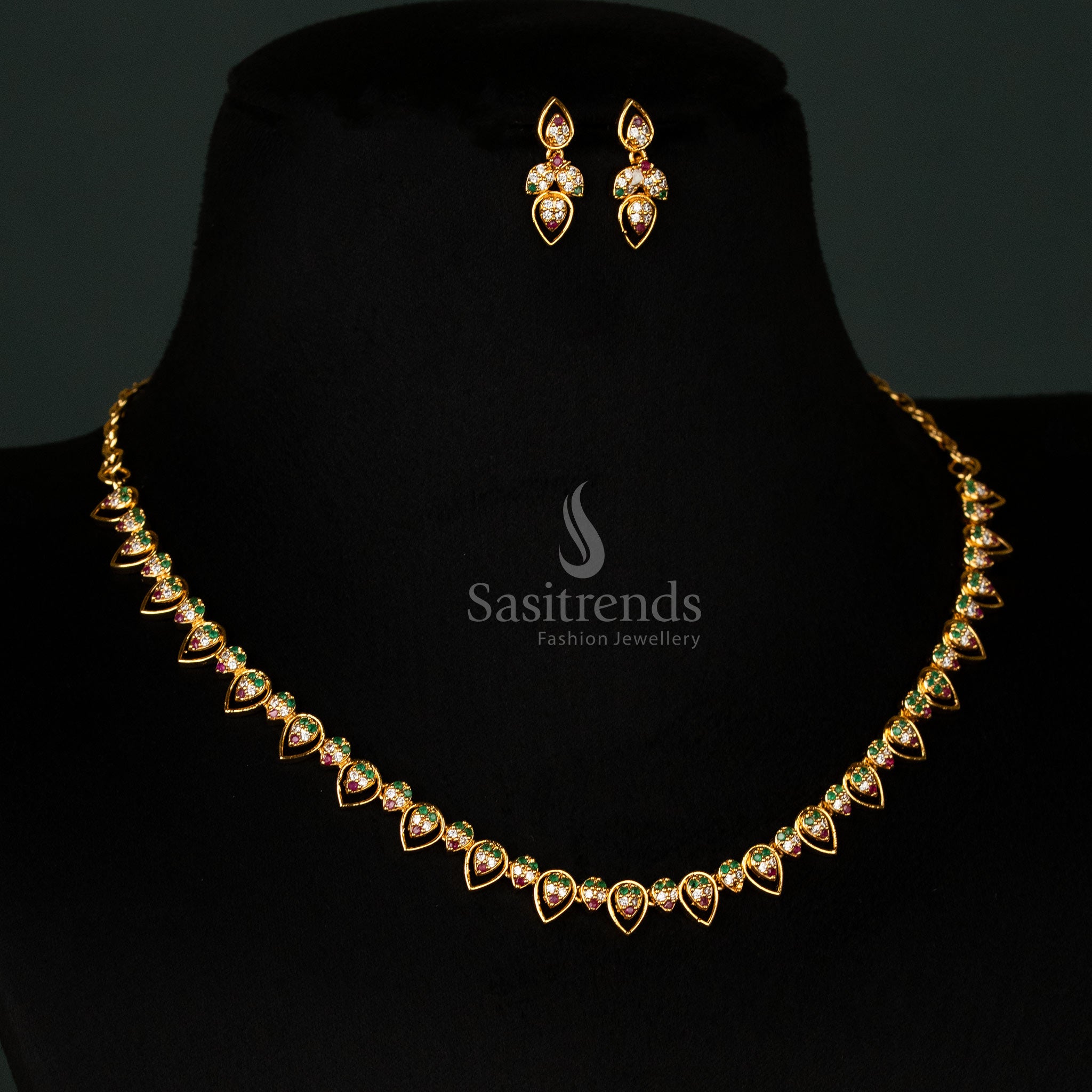 Micro Gold Plated American Diamond Necklace Set with Matching Earrings - Sasitrends