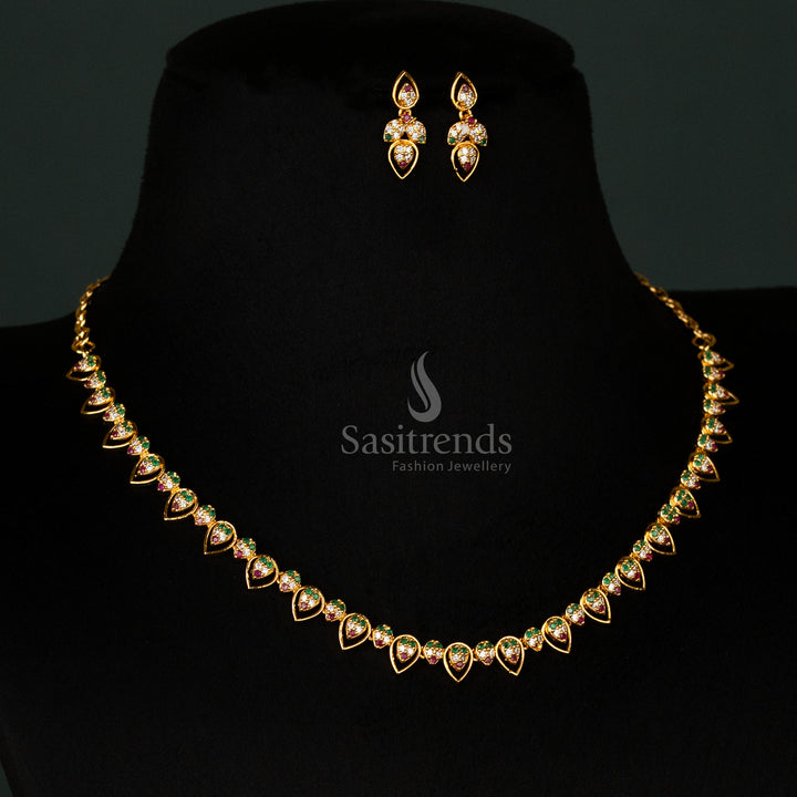Enchanting One Gram Micro Gold Plated AD Stone Studded Water Drop Pattern Necklace Jewellery Set Traditional & Festive Wear - Sasitrends