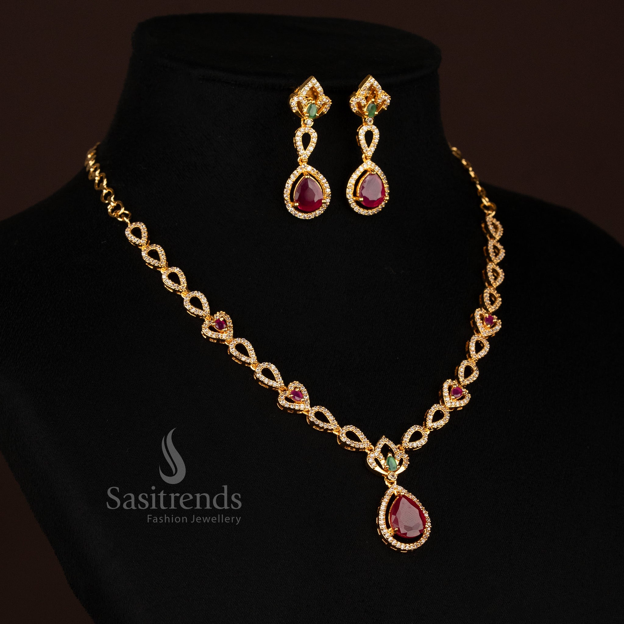 Multicolour Heart Link Pendant Set with Sparkling American Diamonds – Micro Gold Plated Necklace in Trendy Finish Jewellery by Sasitrends