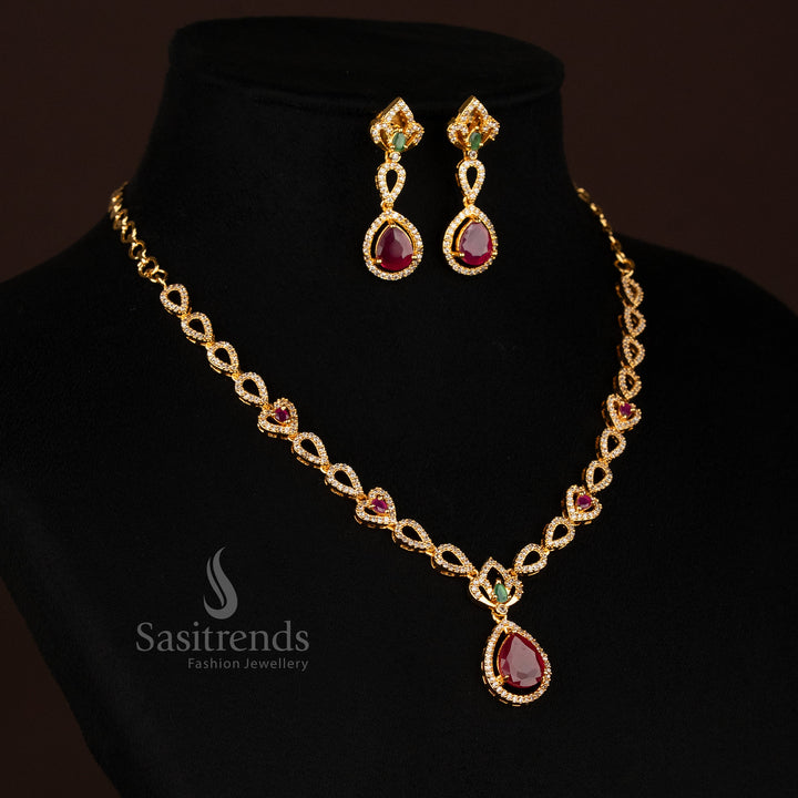Multicolour Heart Link Pendant Set with Sparkling American Diamonds – Micro Gold Plated Necklace in Trendy Finish Jewellery by Sasitrends