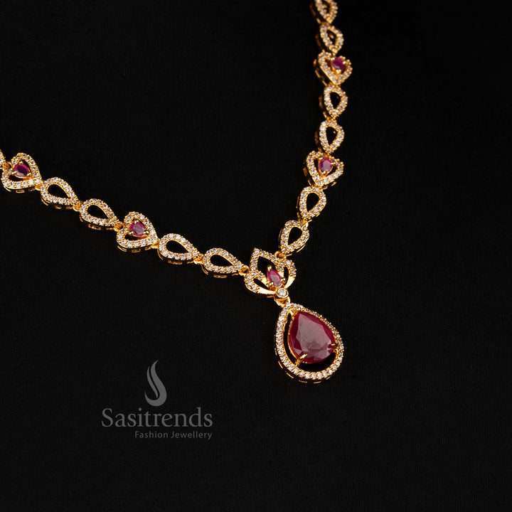 White-Ruby Heart Link Drop Necklace Set with Micro Gold Plating and American Diamond Stones – Stylish One Gram Jewellery for Saree Looks by Sasitrends