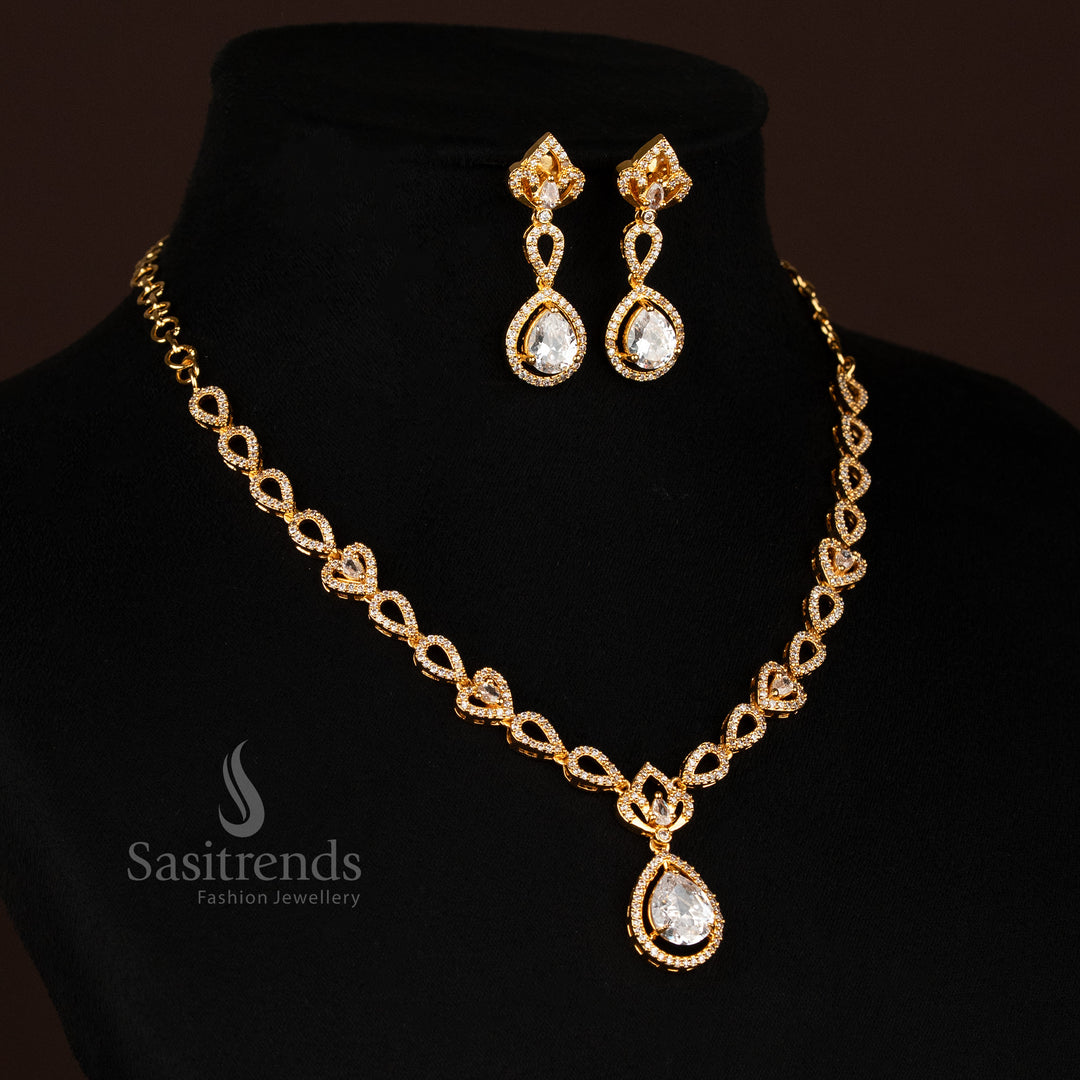 Elegant White AD Stones Micro Gold Plated Heart Drop Necklace with Classic Chain – One Gram Pure Gold Look Jewellery for Ethnic Wear by Sasitrends