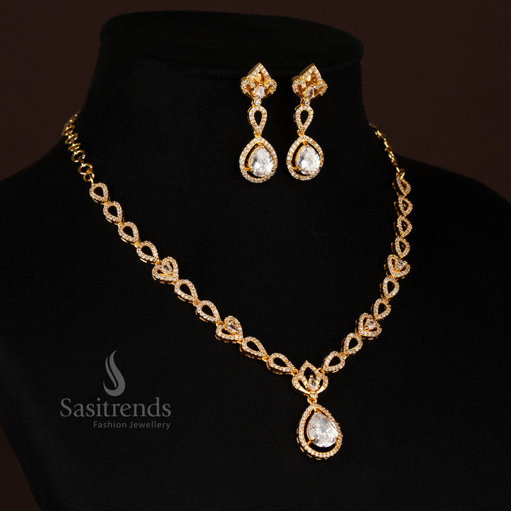 Gorgeous Micro Gold Plated American Diamond Heart Link Drop Pendant Necklace Set – Guaranteed One Gram Jewellery Using 24 Carat Pure Gold - Sasitrends