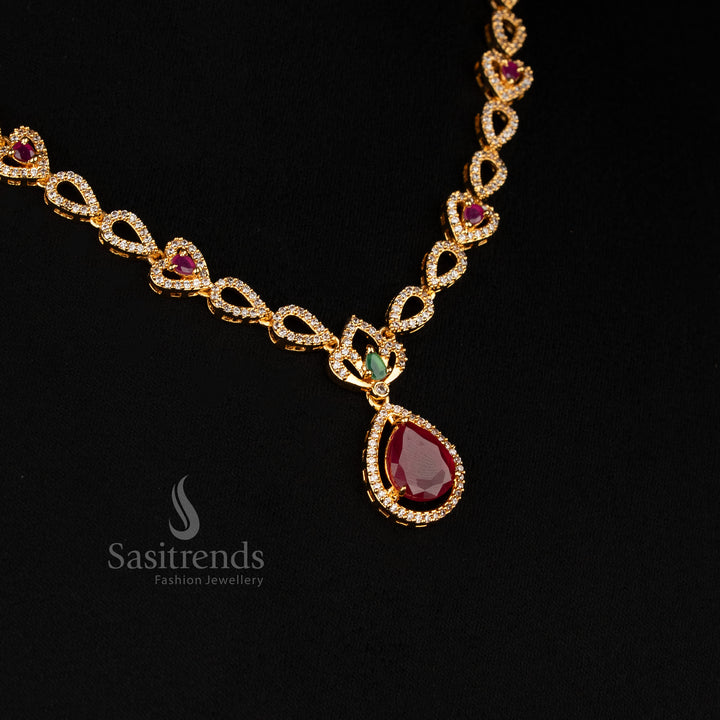 Colour Splash Multi Heart Drop Pendant Necklace Set with American Diamond Accents – Premium Gold Tone Party Jewellery by Sasitrends