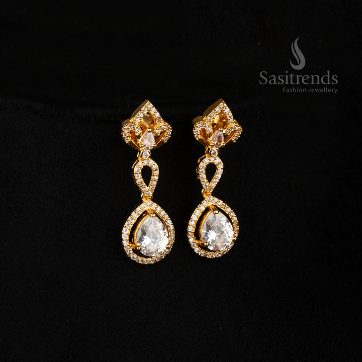 Sparkling White Micro Gold Earrings Set with Heart Shape Drop Pendant and American Diamond Links – Real Gold Finish One Gram Set by Sasitrends