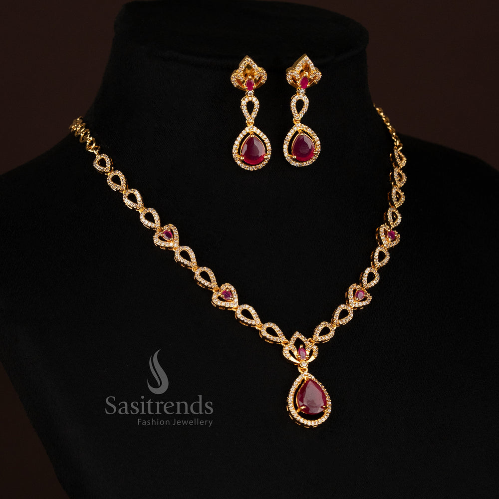 Radiance Ruby-White Heart Drop Necklace with Micro Gold Finish and American Diamond Embellishments – Festive Ethnic Jewellery by Sasitrends