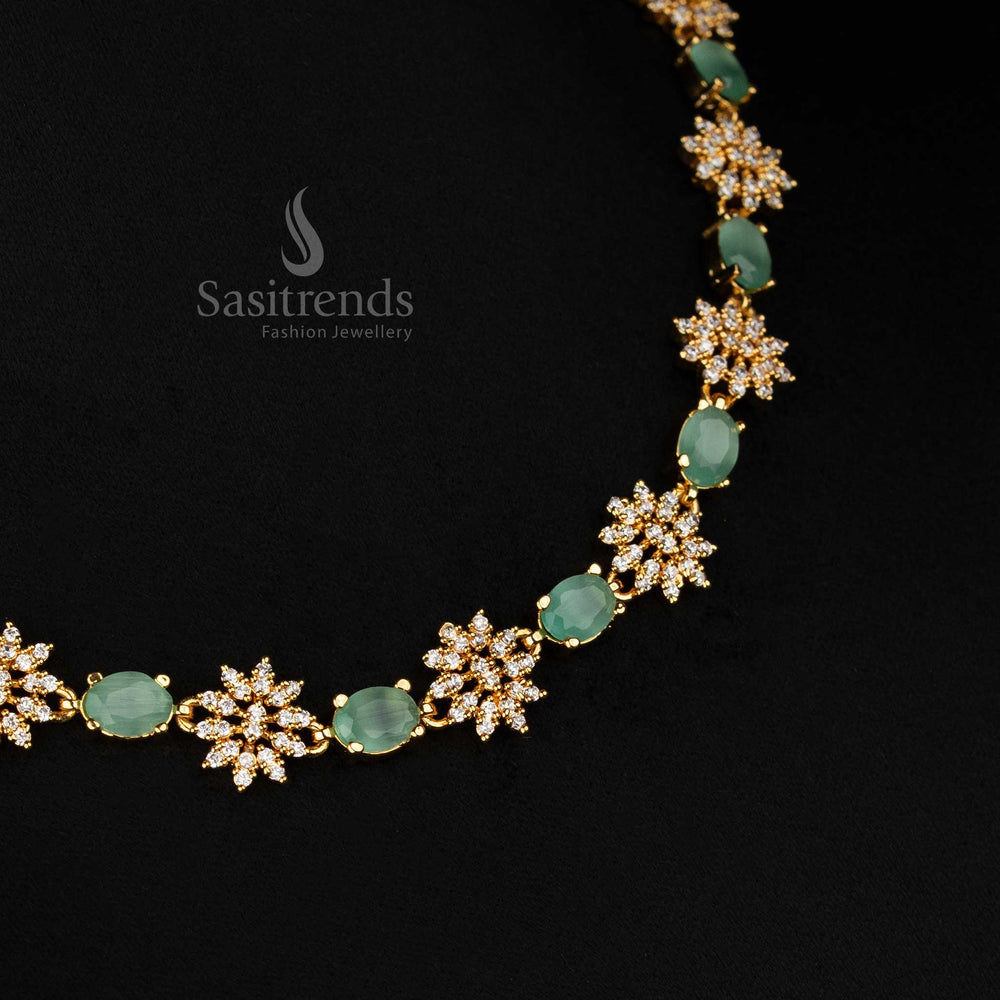 Mint Petal Luxe one gram floral necklace set with American Diamond stones and micro gold plated elegance – chic festive jewellery for ethnic attire – Sasitrends