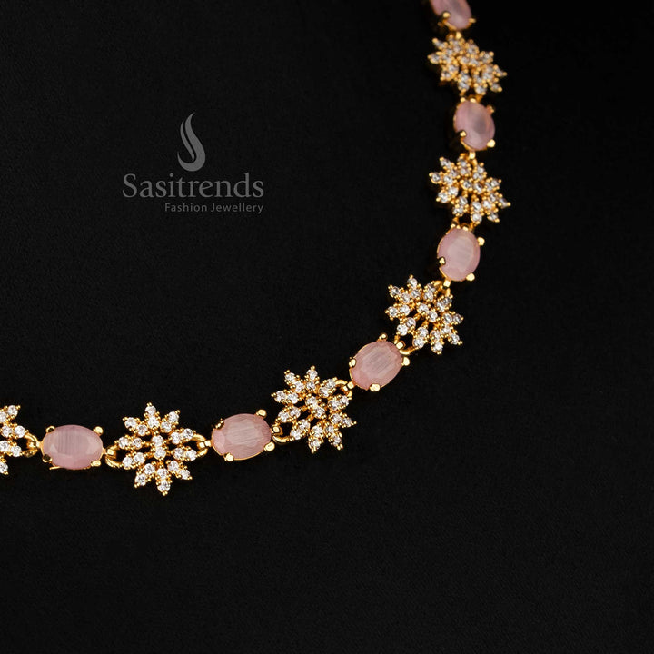 Pink Radiance floral necklace set crafted with one gram micro gold plating and brilliant AD stones – luxury ethnic jewellery design for festive and partywear charm – Sasitrends
