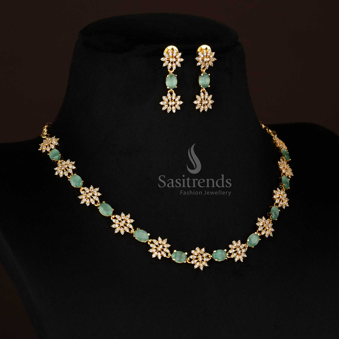 Emerald Mist Fantasy floral necklace set in soft mint shade, embedded with American Diamonds and finished in one gram micro gold – statement jewellery for stylish women – Sasitrends