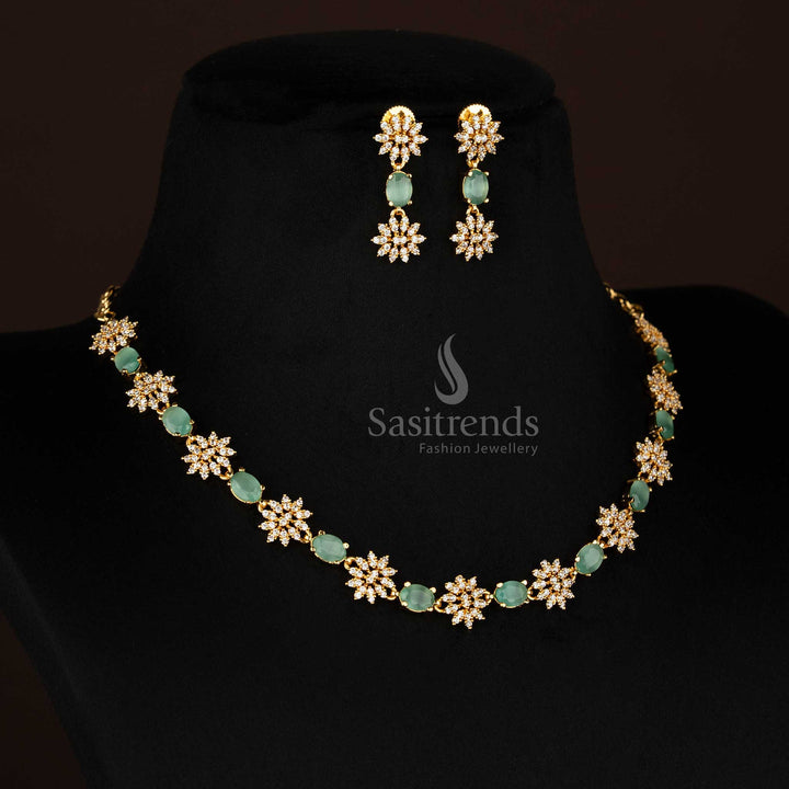 Wonderful Micro Gold Plated One Gram Floral Necklace Set with American Diamond Stones - Sasitrends