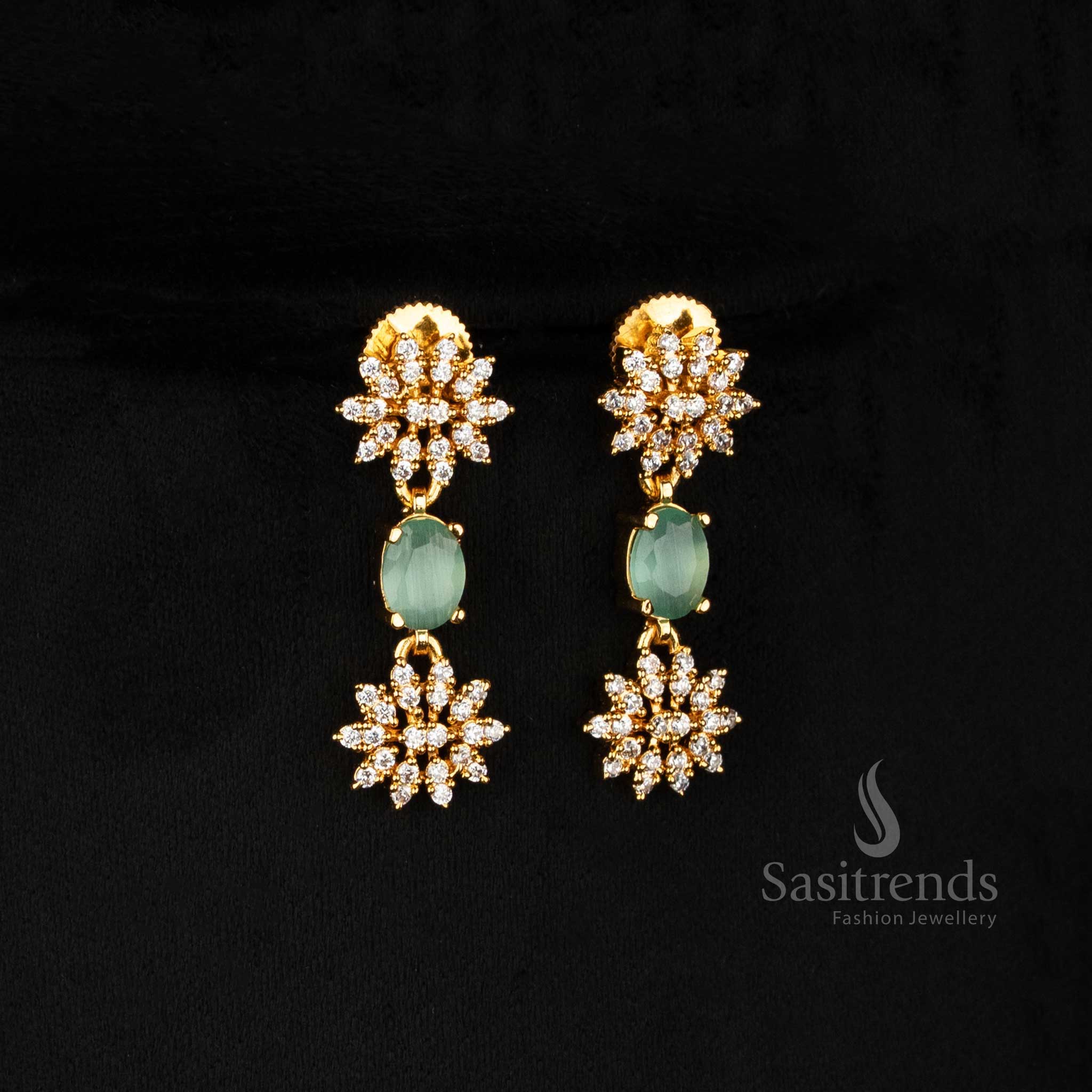  Mint Bloom floral earrings set in pastel green with AD stones and micro gold plated finish – classic Indian jewellery for weddings and temple festivities – Sasitrends