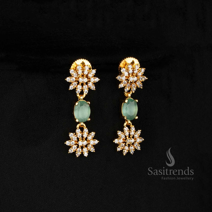  Mint Bloom floral earrings set in pastel green with AD stones and micro gold plated finish – classic Indian jewellery for weddings and temple festivities – Sasitrends