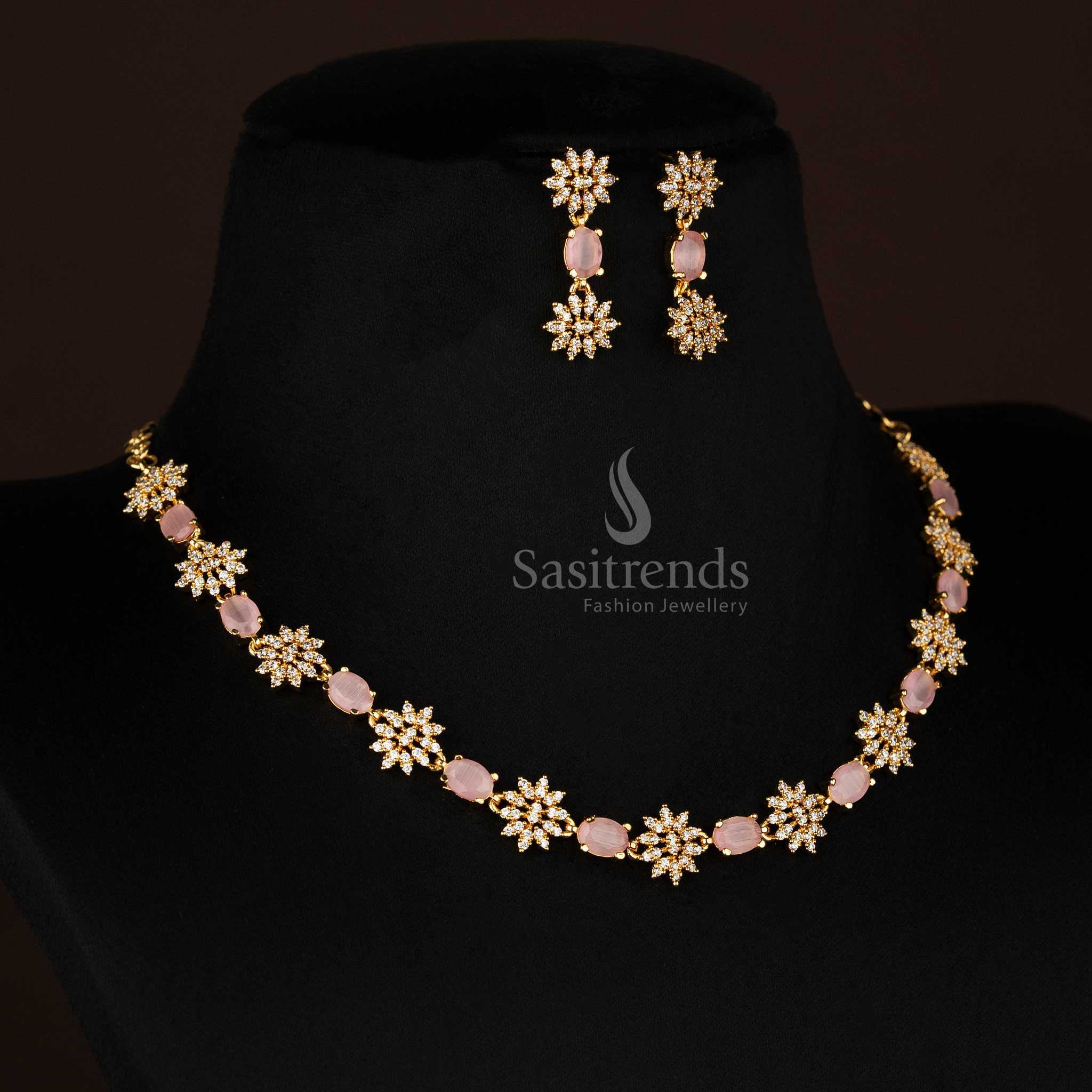 Rosy blossom inspired floral necklace set in pink shade with dazzling American Diamond stones and micro gold plated finish – graceful one gram jewellery for ethnic occasions – Sasitrends