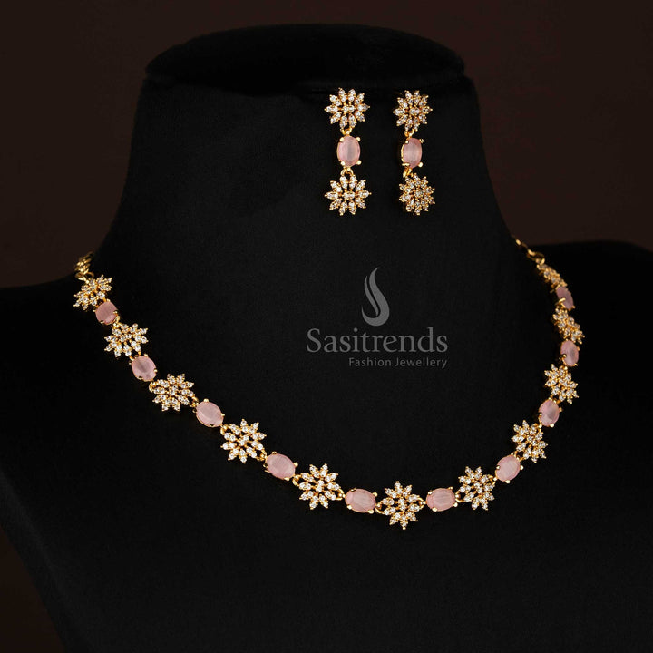Rosy blossom inspired floral necklace set in pink shade with dazzling American Diamond stones and micro gold plated finish – graceful one gram jewellery for ethnic occasions – Sasitrends