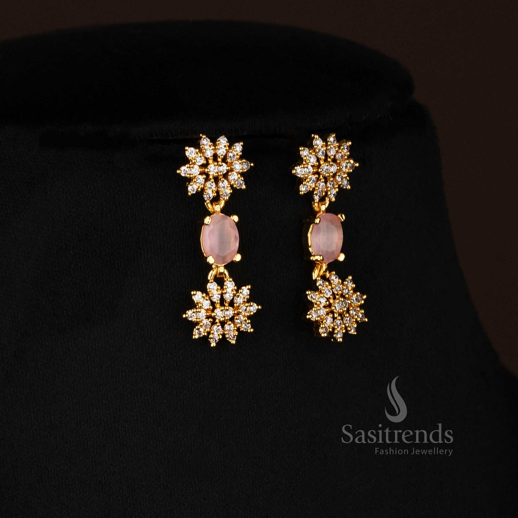 Spark Collection pink floral earrings set with American Diamond stones and 24 carat look micro gold finish – traditional jewellery with a trendy twist – Sasitrends