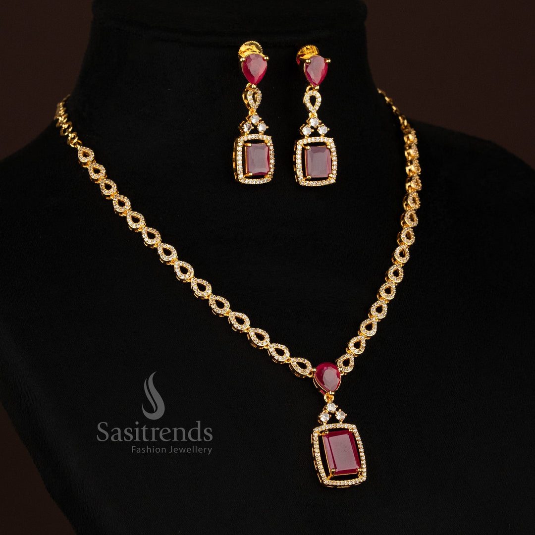 Rectangular Pendant Micro Gold Necklace Set with Infinity Loop Design