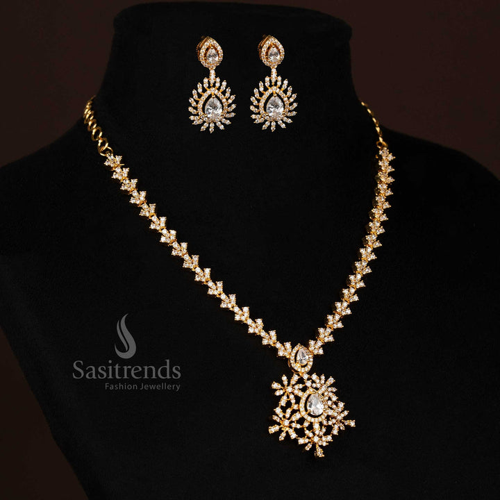Amazing American Diamond Sunburst Pendant Necklace Set - Micro Gold Plated - Sasitrends