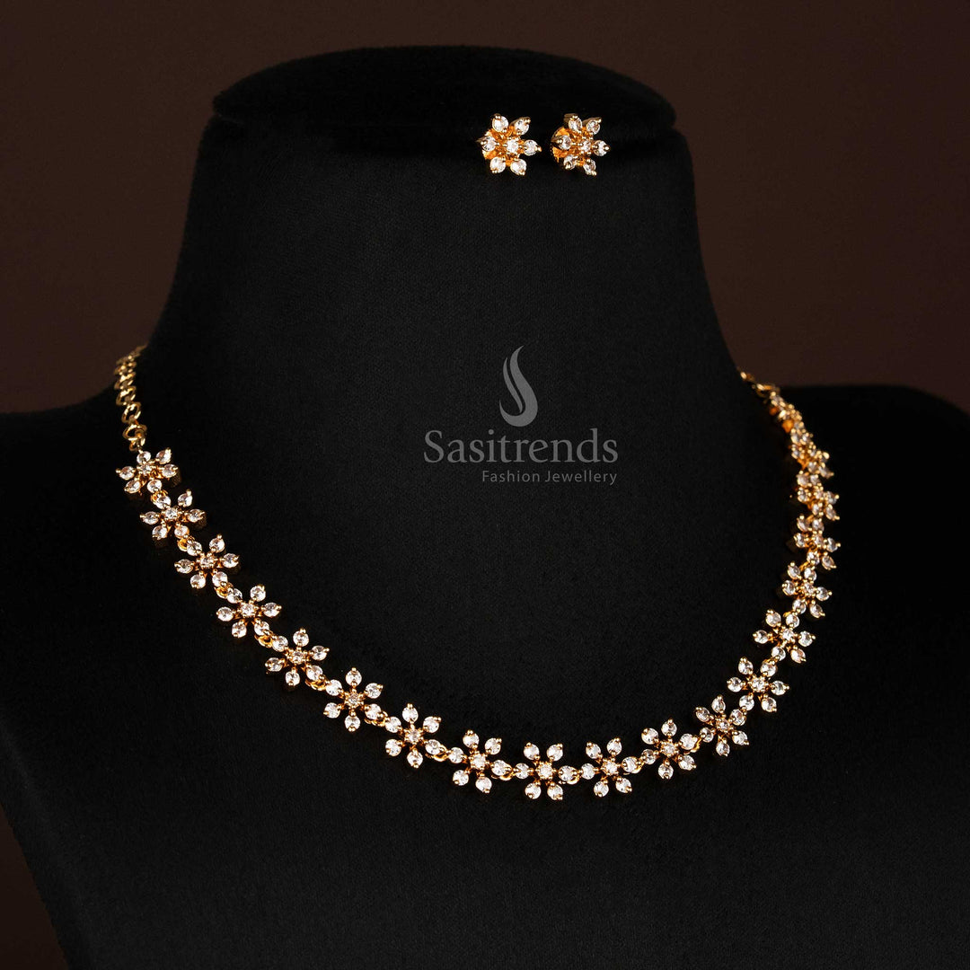 Graceful festive wear white necklace with flower pattern in micro gold plating and shimmering American diamond stones, paired with classic earrings – timeless jewellery elegance – Sasitrends