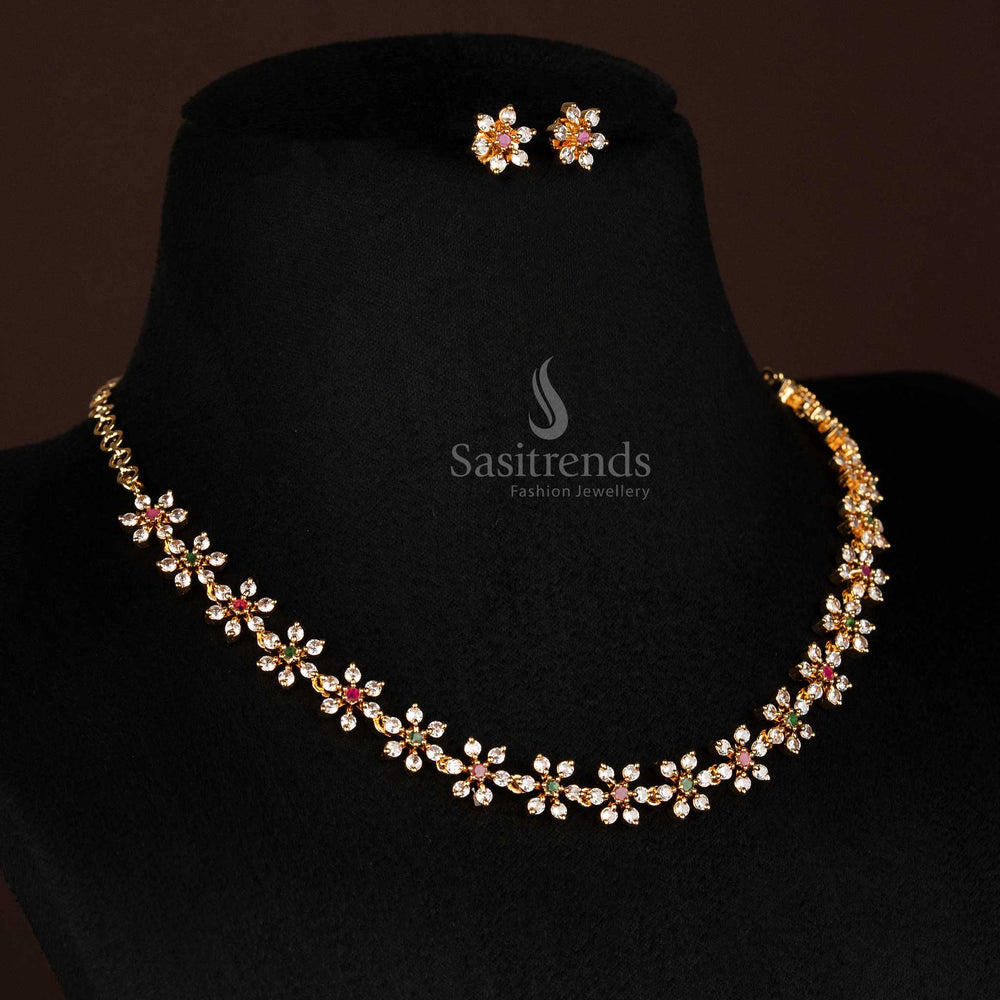 Vibrant multi-stone floral necklace set with shimmering American diamond accents, crafted in micro gold plated finish with matching one gram earrings – perfect for grand festive looks – Sasitrends