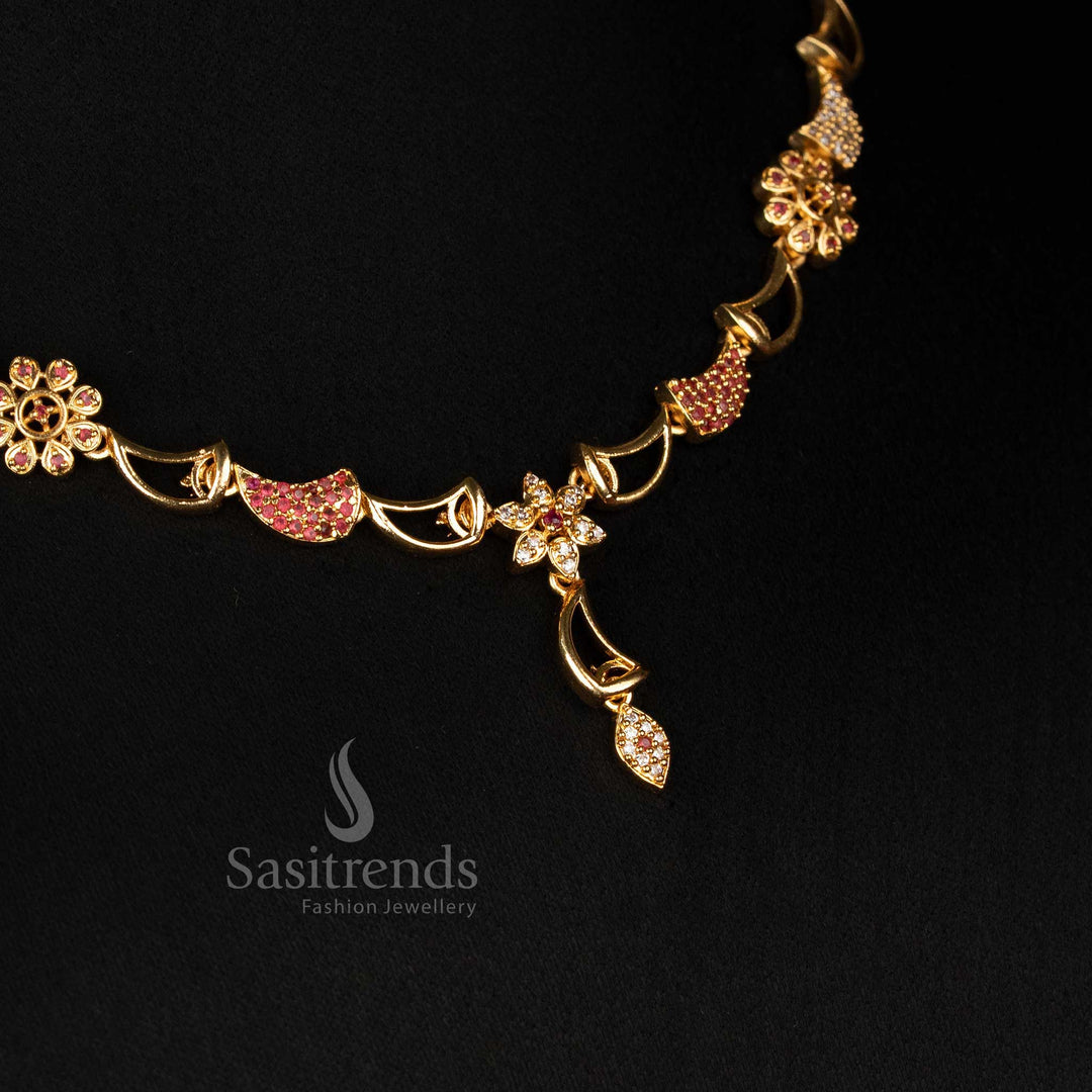 American Diamond Micro Gold Floral Half Moon Necklace Set Sasitrends