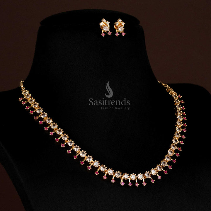 Gorgeous White-Ruby American Diamond Micro Gold Plated Necklace Set With Layered Drop Design, A Stunning Festive Wear Jewellery Choice For Women – Sasitrends
