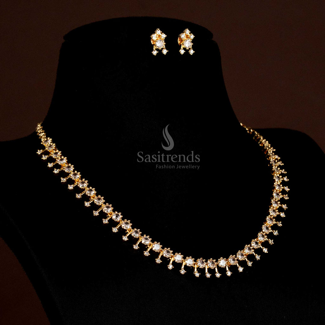 American Diamond Micro Gold Plated Necklace Set With Layered Drop Design In White Stones, Elegant Festive Jewellery For Women’s Weddings And Party Wear – Sasitrends