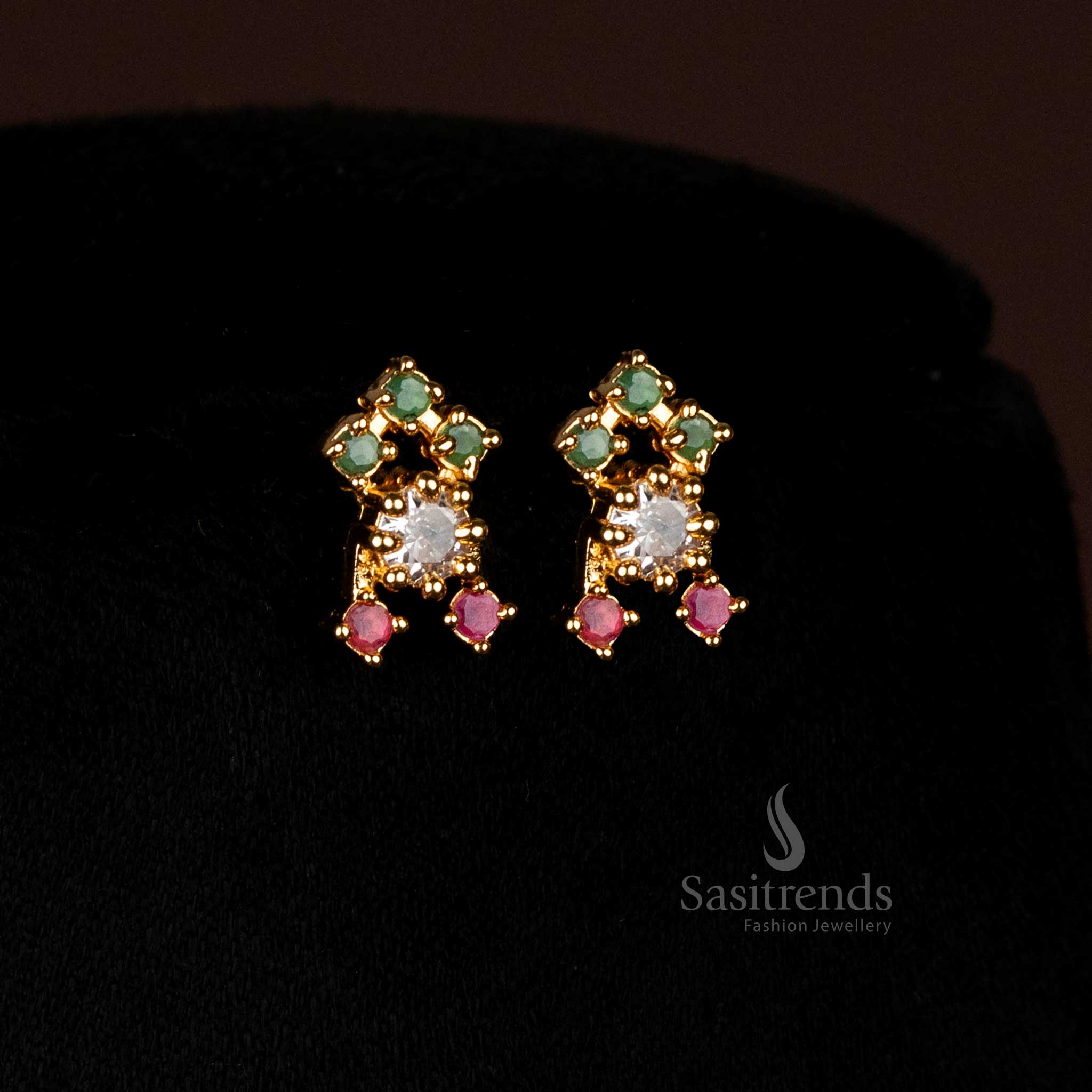Multi Colour American Diamond Earrings Set Micro Gold Plated With Layered Drop Design, Festive Wear Jewellery Perfect For Bridal And Party Looks – Sasitrends