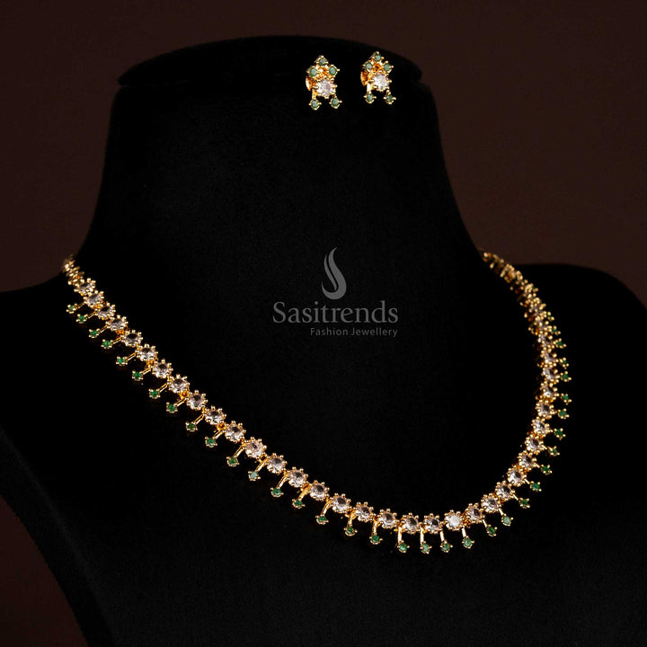 American Diamond Micro Gold Plated Necklace Set Featuring Layered Drop Design In White-Green Stones, Festive Jewellery Ideal For Weddings And Cultural Wear – Sasitrends