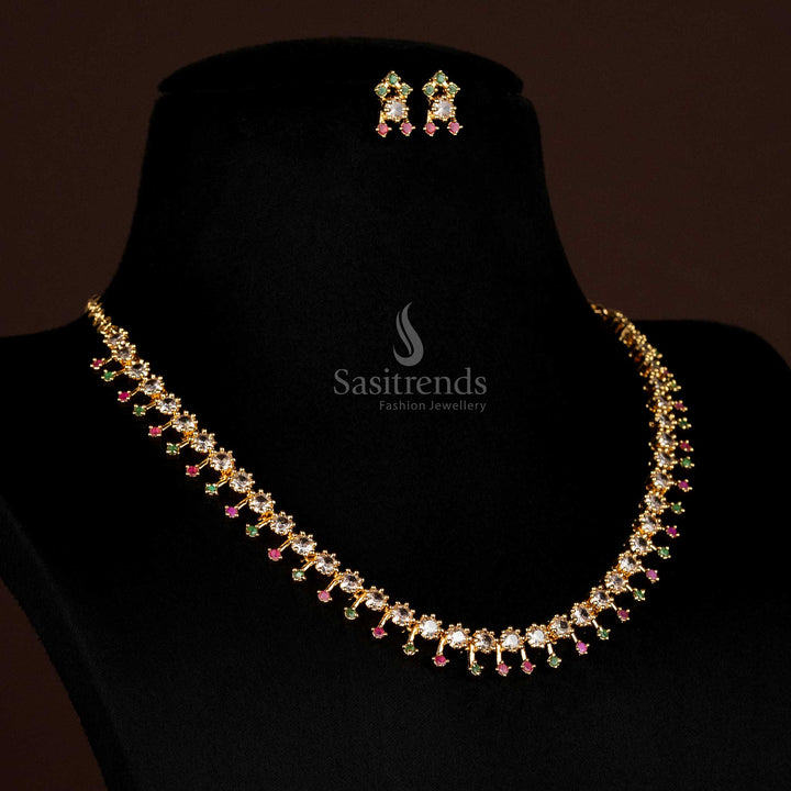 American Diamond Multi Colour Layered Drop Necklace Set Micro Gold Plated, Traditional Festive Jewellery For Women’s Grand Celebrations And Weddings – Sasitrends