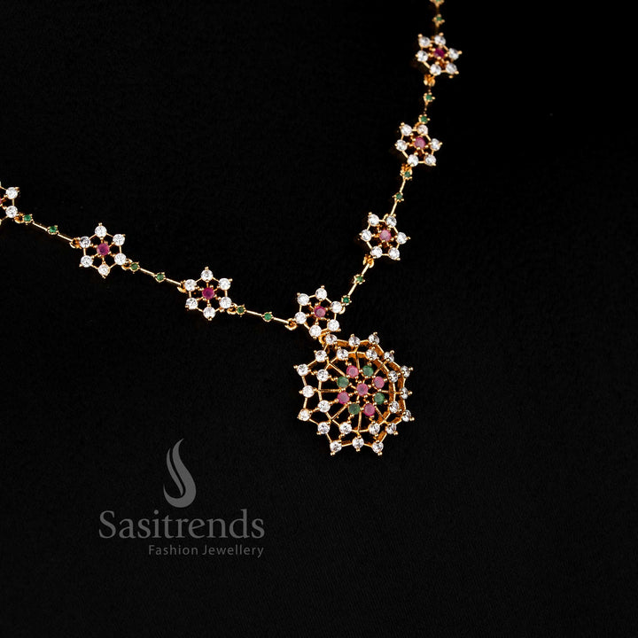 Traditional Micro Gold Plated Multi Necklace Jewellery Set with AD Stone Floral Starburst Motif for Festive Wear – Sasitrends