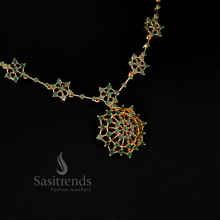Stunning Green Micro Gold Plated Necklace Jewellery Set with Intricate AD Stone Floral Starburst Design – Sasitrends