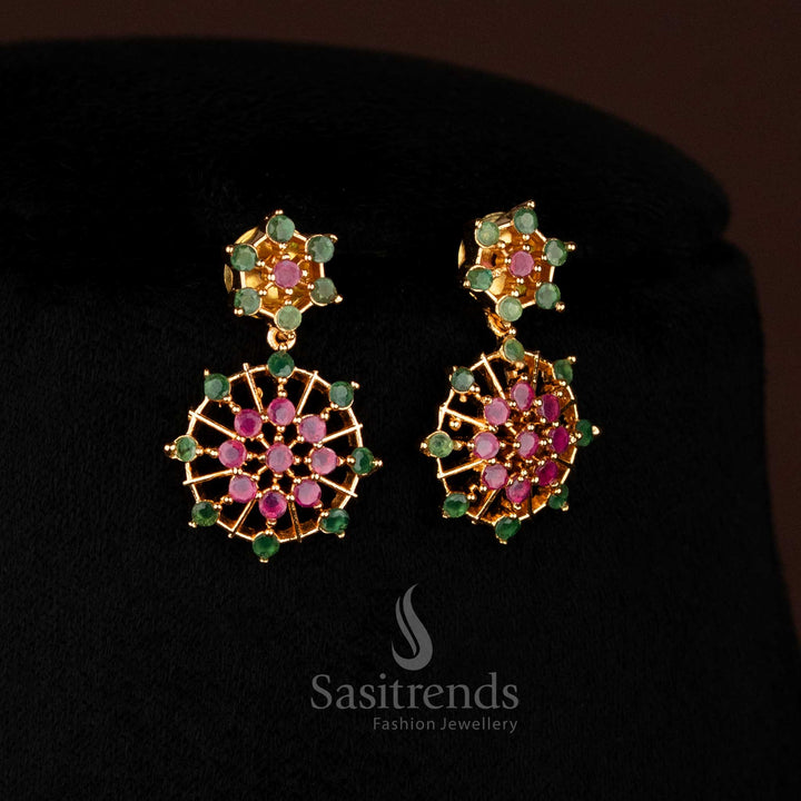 Ruby-Green Traditional Micro Gold Plated Floral Starburst Earrings with AD Stone Detailing for Festive Occasions – Sasitrends
