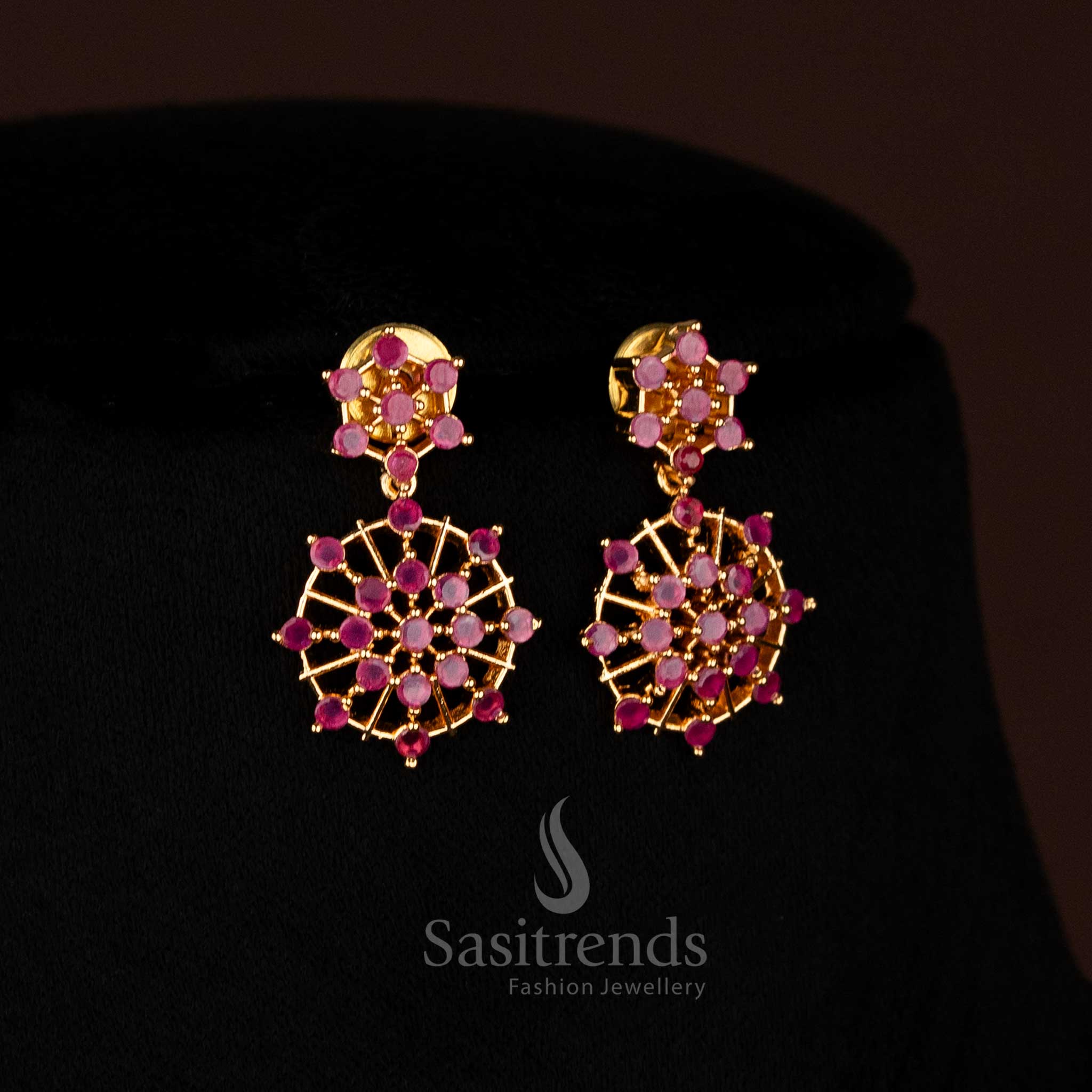Vibrant Ruby Floral Starburst Earrings in Micro Gold Plating with AD Stone Accents – Sasitrends