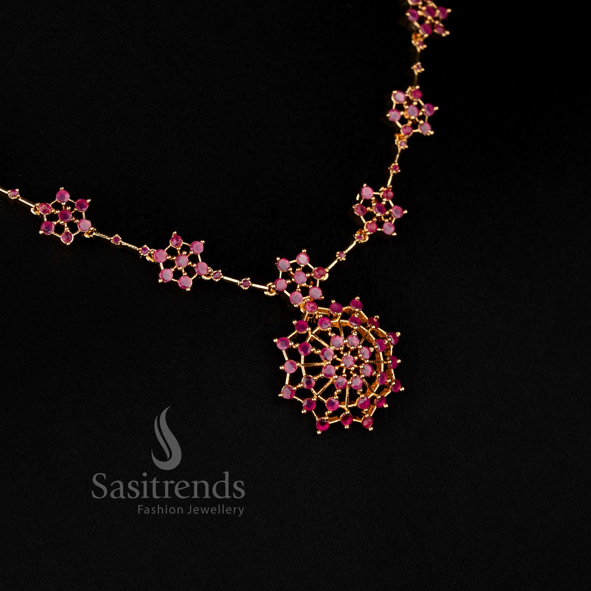 Stunning Ruby Necklace Jewellery Set in Micro Gold Plating with AD Stone Starburst Floral Accents – Sasitrends