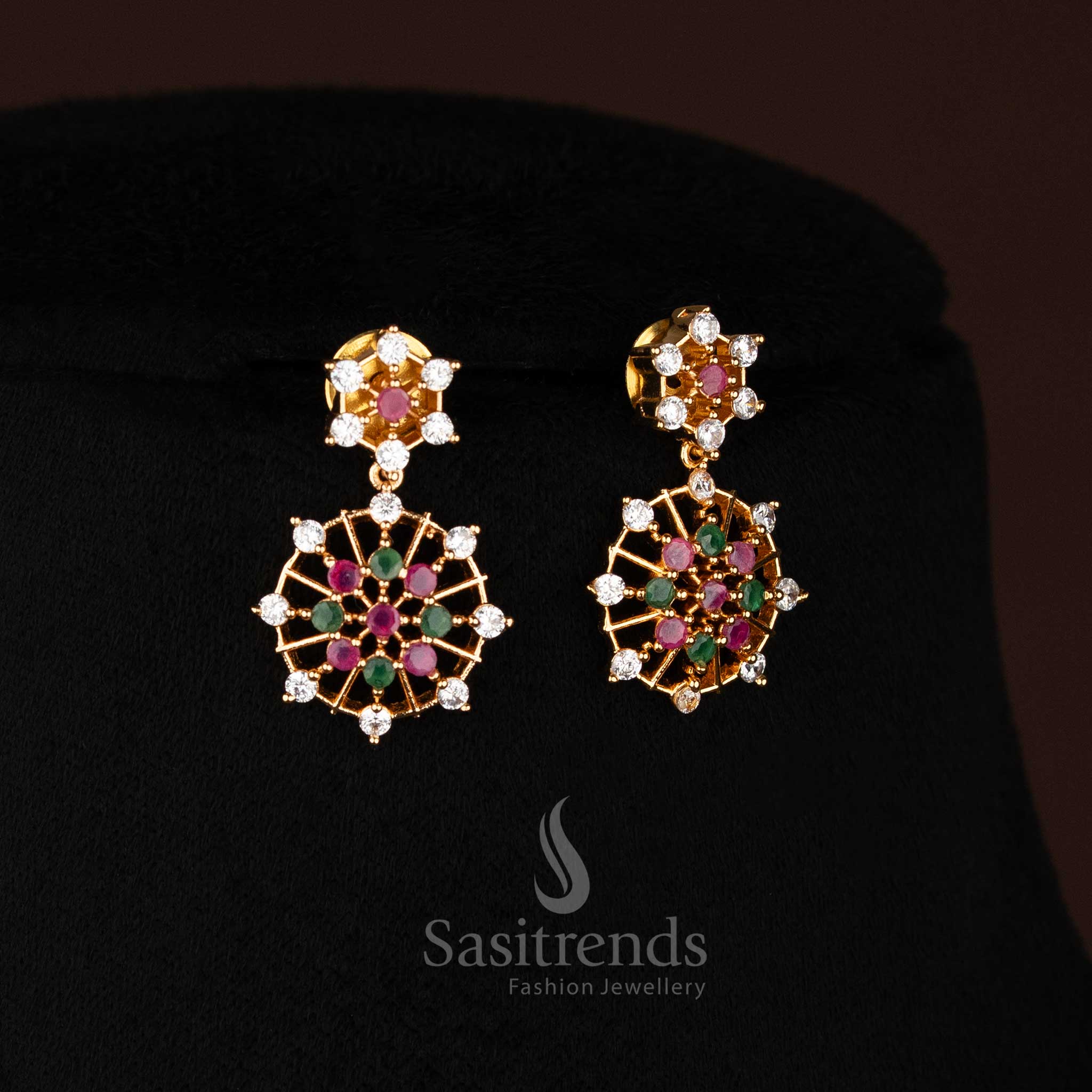 Stunning Multi Colour Traditional Micro Gold Plated Earrings with AD Stone Floral Starburst Motif – Sasitrends