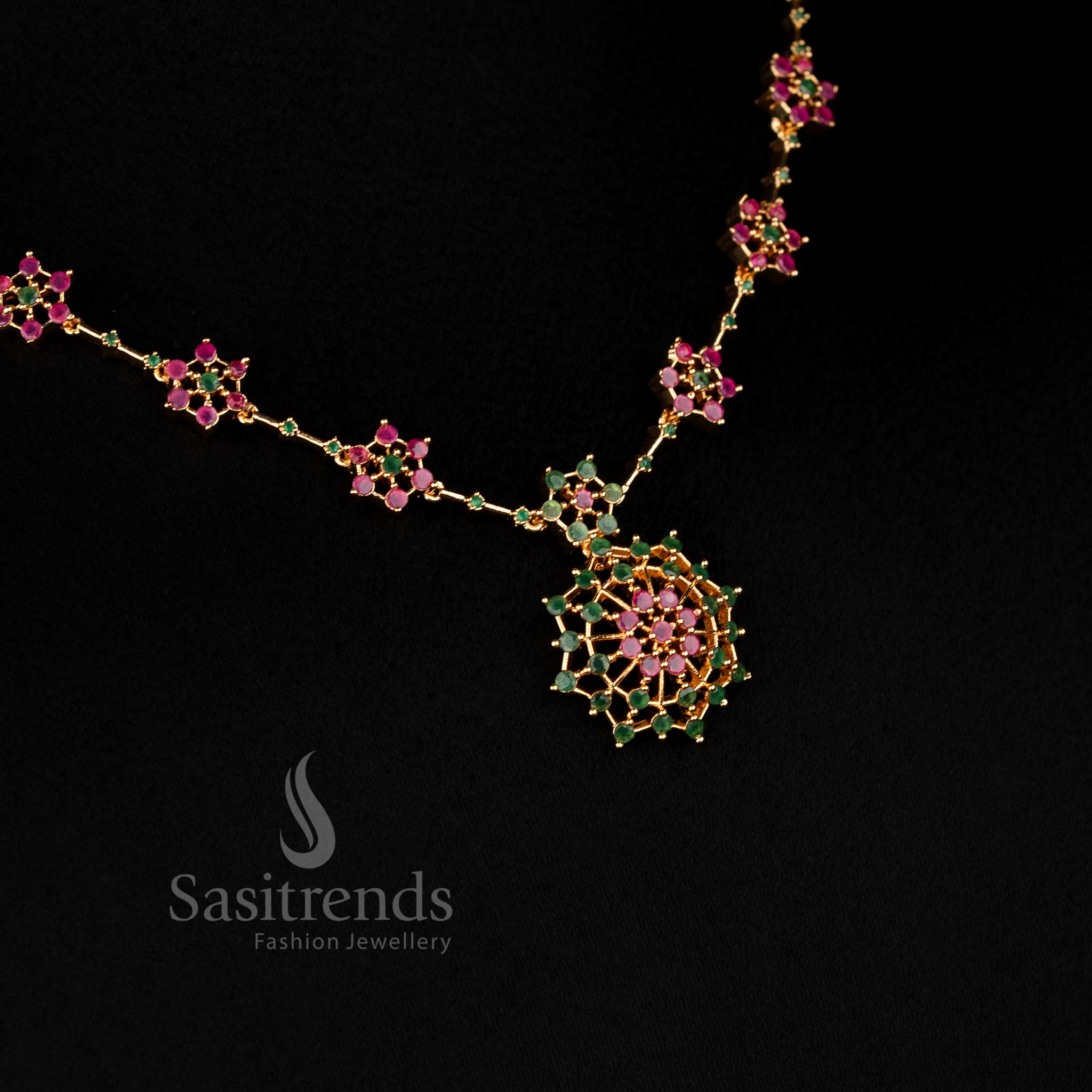 Ruby-Green Micro Gold Plated Necklace Jewellery Set with Intricate AD Stone Floral Starburst Design – Sasitrends