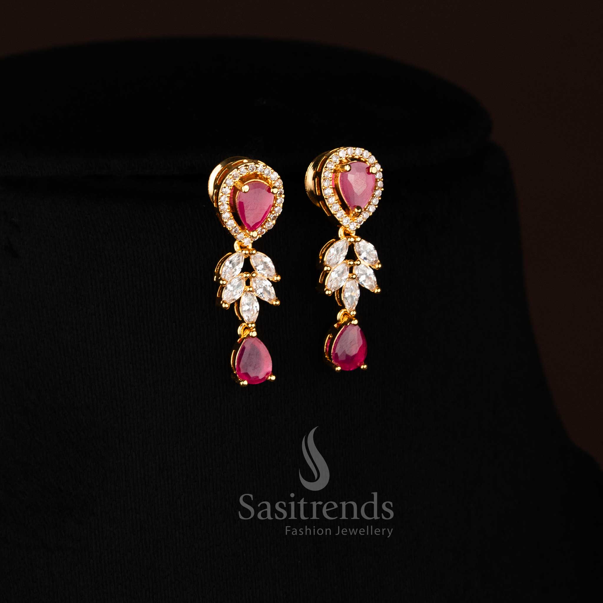 Elegant Micro Gold Plated Linked Lotus Motif Necklace Set with Ruby AD Stones – sasitrends