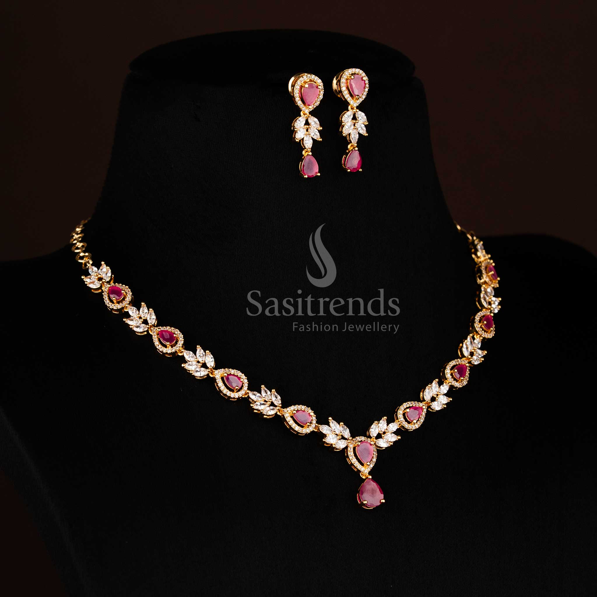 Guaranteed Lotus Petal Pattern Necklace with American Diamond Teardrop Centrepiece – sasitrends