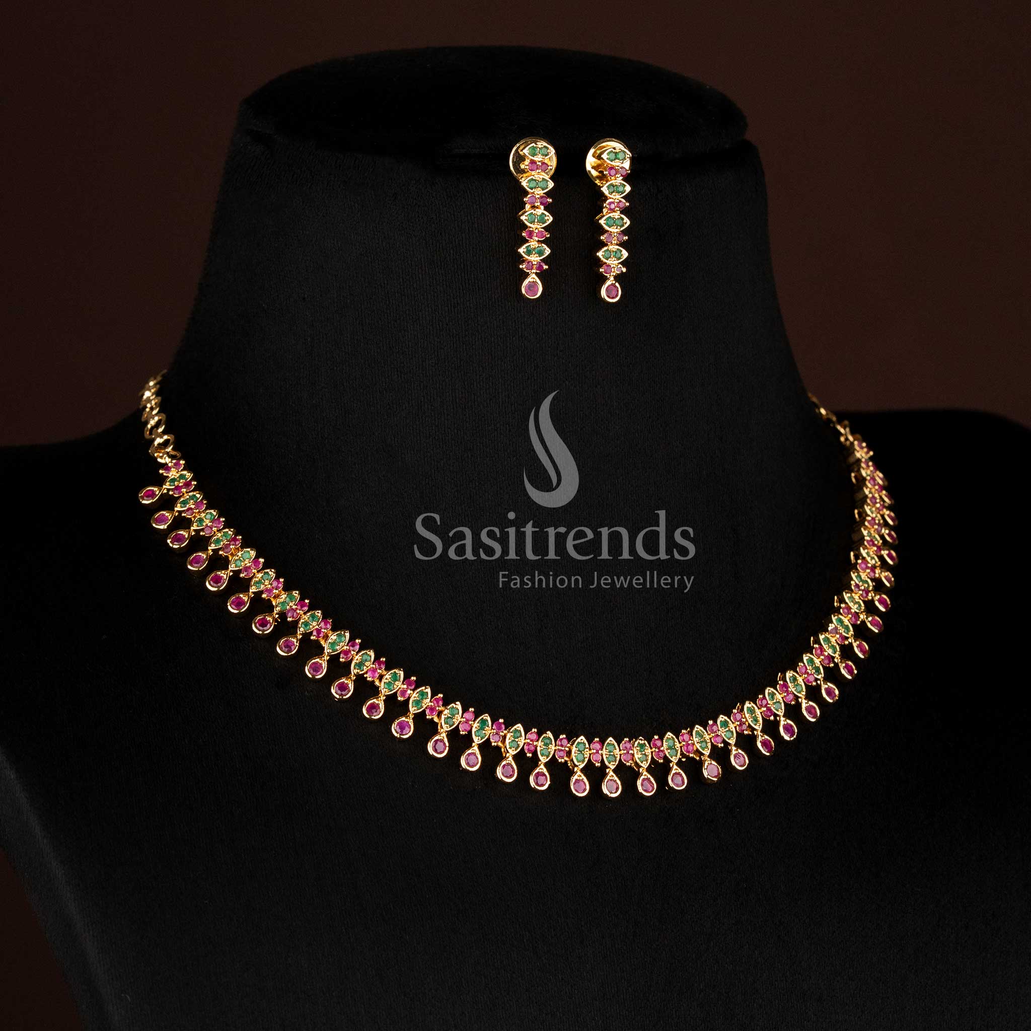 Guaranteed Micro Gold Plated Ruby Green American Diamond Layered Drop Motif Necklace Set with premium traditional look - Sasitrends