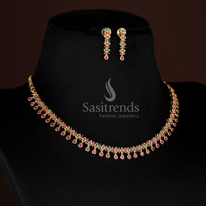 Guaranteed Micro Gold Plated Ruby Green American Diamond Layered Drop Motif Necklace Set with premium traditional look - Sasitrends