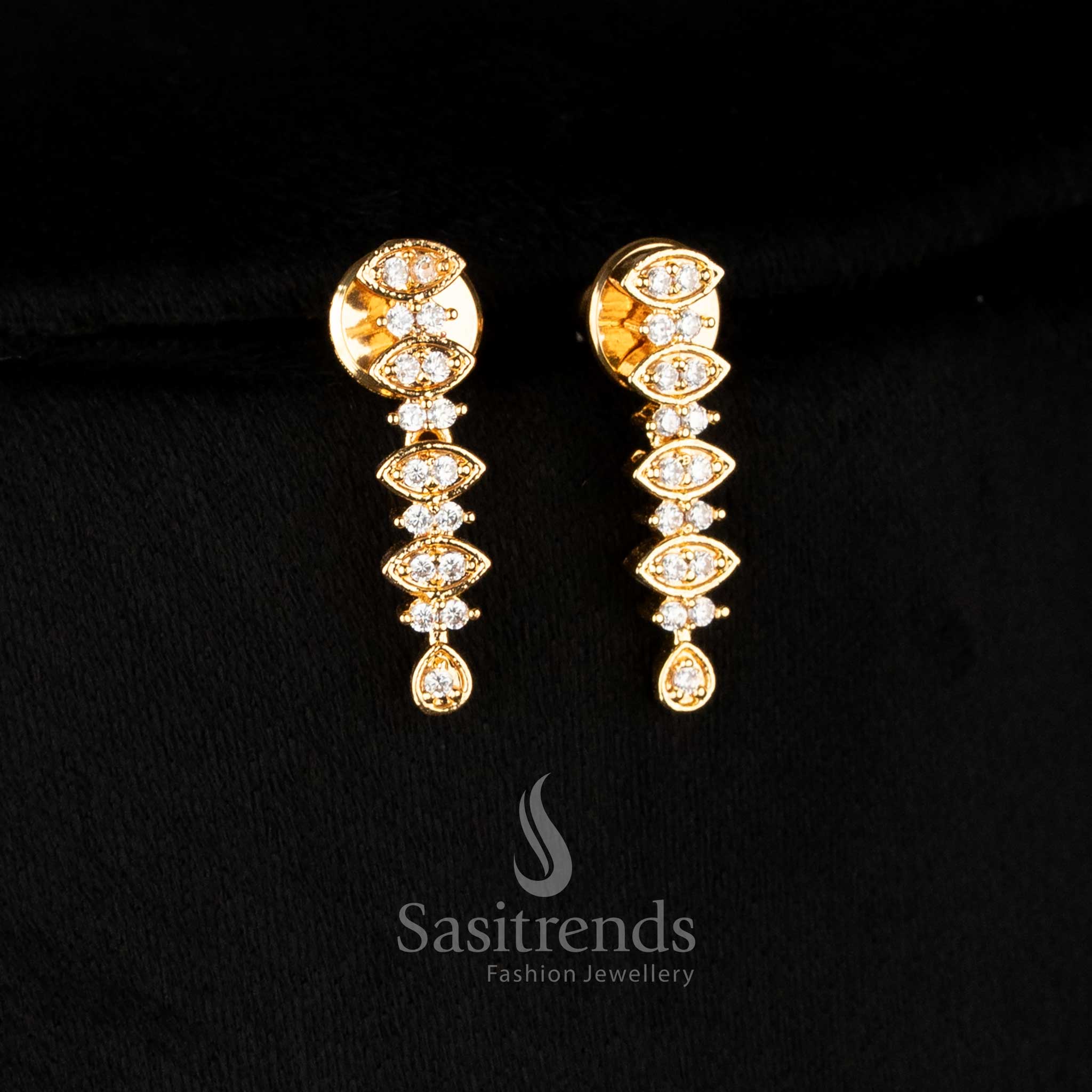 Guaranteed Micro Gold Plated White American Diamond Layered Drop Motif Necklace Set Earrings with premium traditional look - Sasitrends