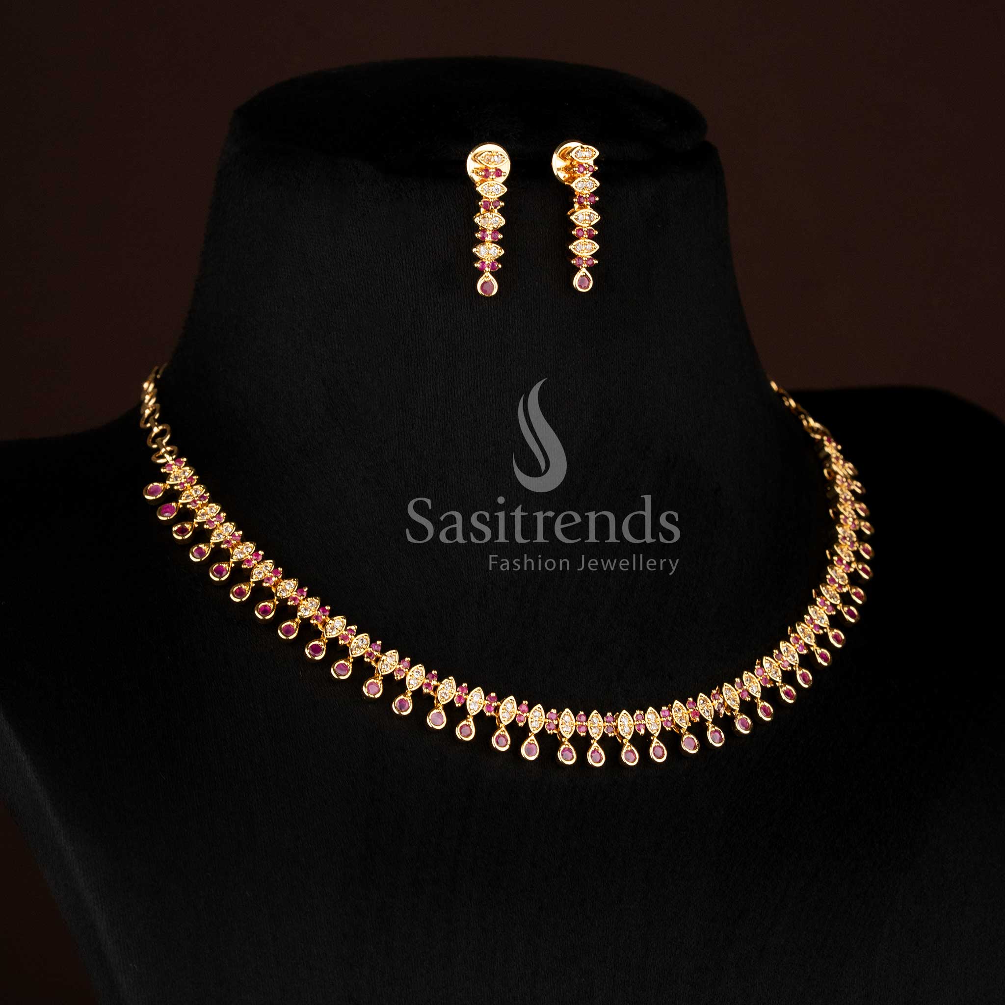 One Gram Micro Gold Plated White Ruby American Diamond Layered Drop Motif Necklace Set with premium traditional look - Sasitrends