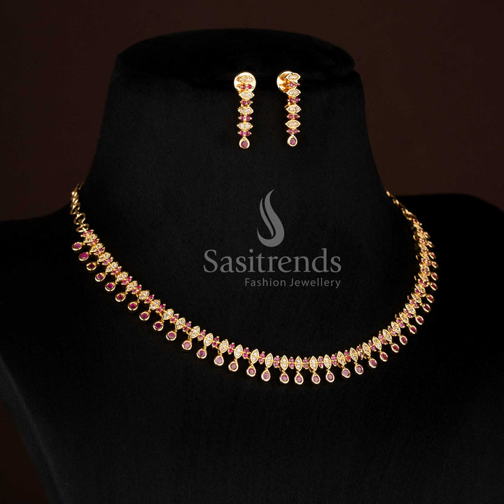 One Gram Micro Gold Plated White Ruby American Diamond Layered Drop Motif Necklace Set with premium traditional look - Sasitrends