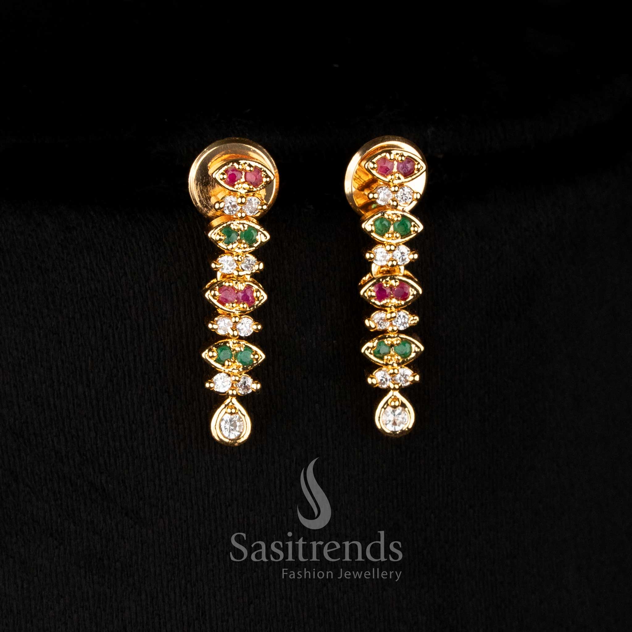 Party wear Micro Gold Plated Multi American Diamond Layered Drop Motif Necklace Set with premium traditional look - Sasitrends