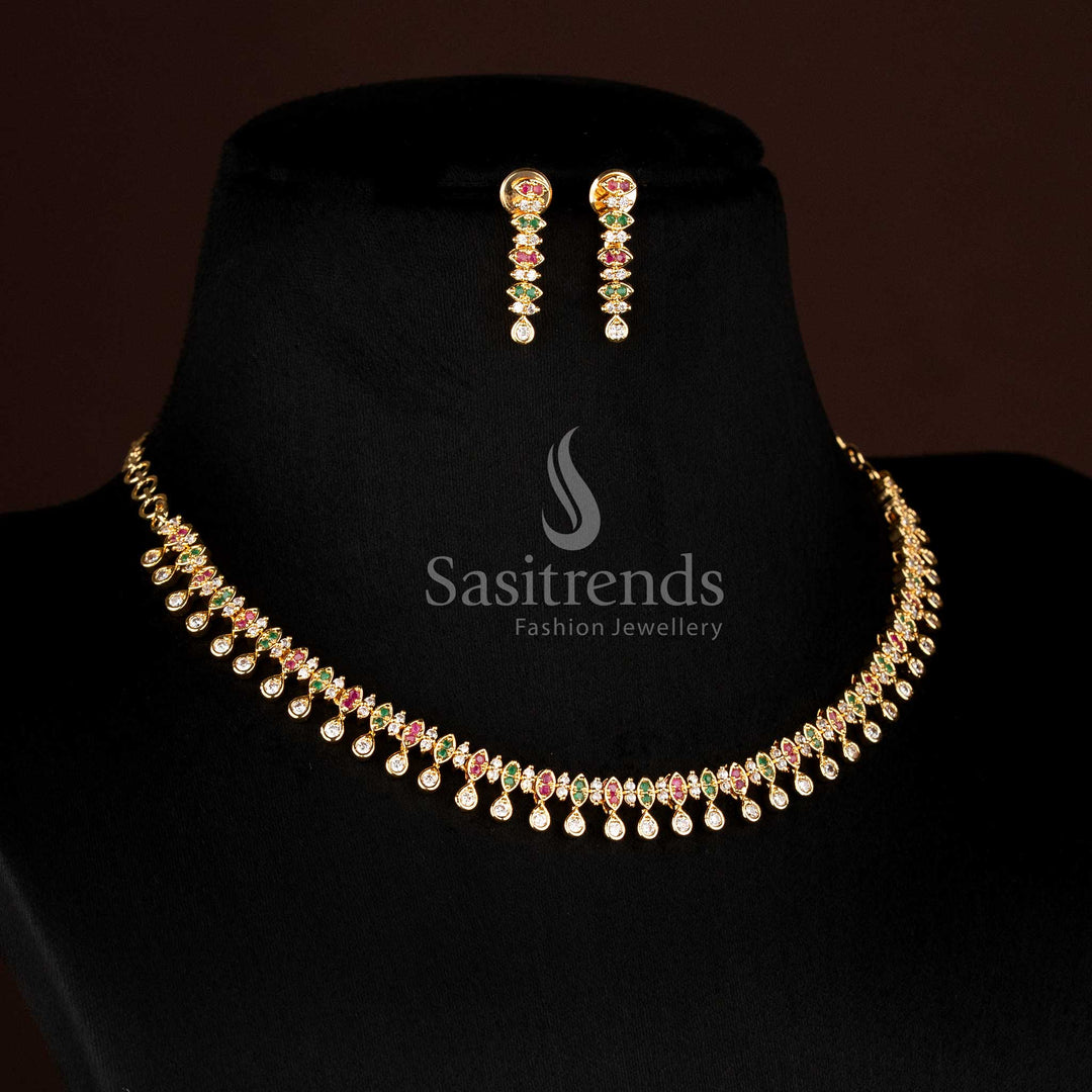 Attractive Festive wear Micro Gold Plated Multi American Diamond Layered Drop Motif Necklace Set with premium traditional look - Sasitrends