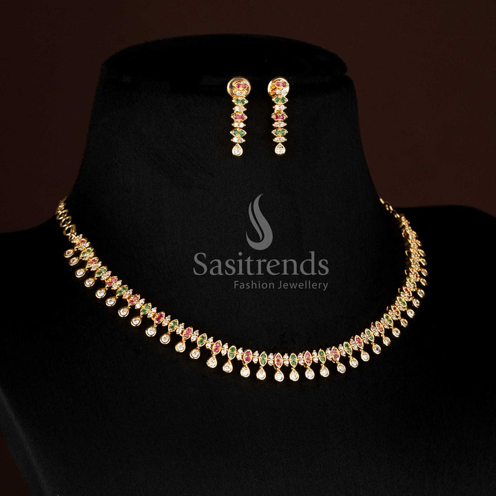 Attractive Festive wear Micro Gold Plated Multi American Diamond Layered Drop Motif Necklace Set with premium traditional look - Sasitrends