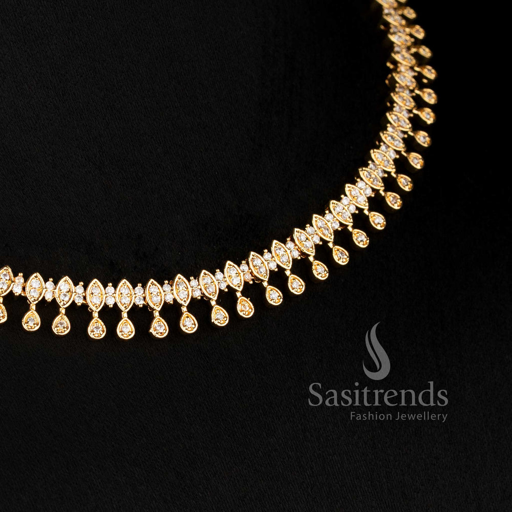 Prettiest 24K Micro Gold Plated White American Diamond Layered Drop Motif Necklace Set - Sasitrends