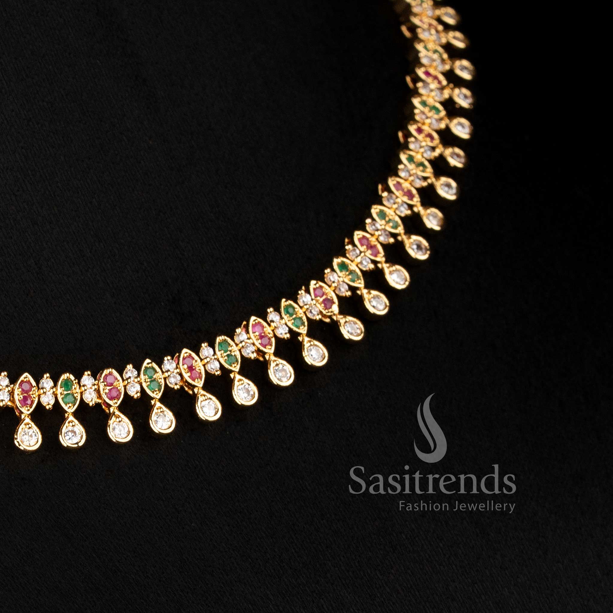 Engagement wear 24k Micro Gold Plated Multi American Diamond Layered Drop Motif Necklace Set with premium traditional look - Sasitrends