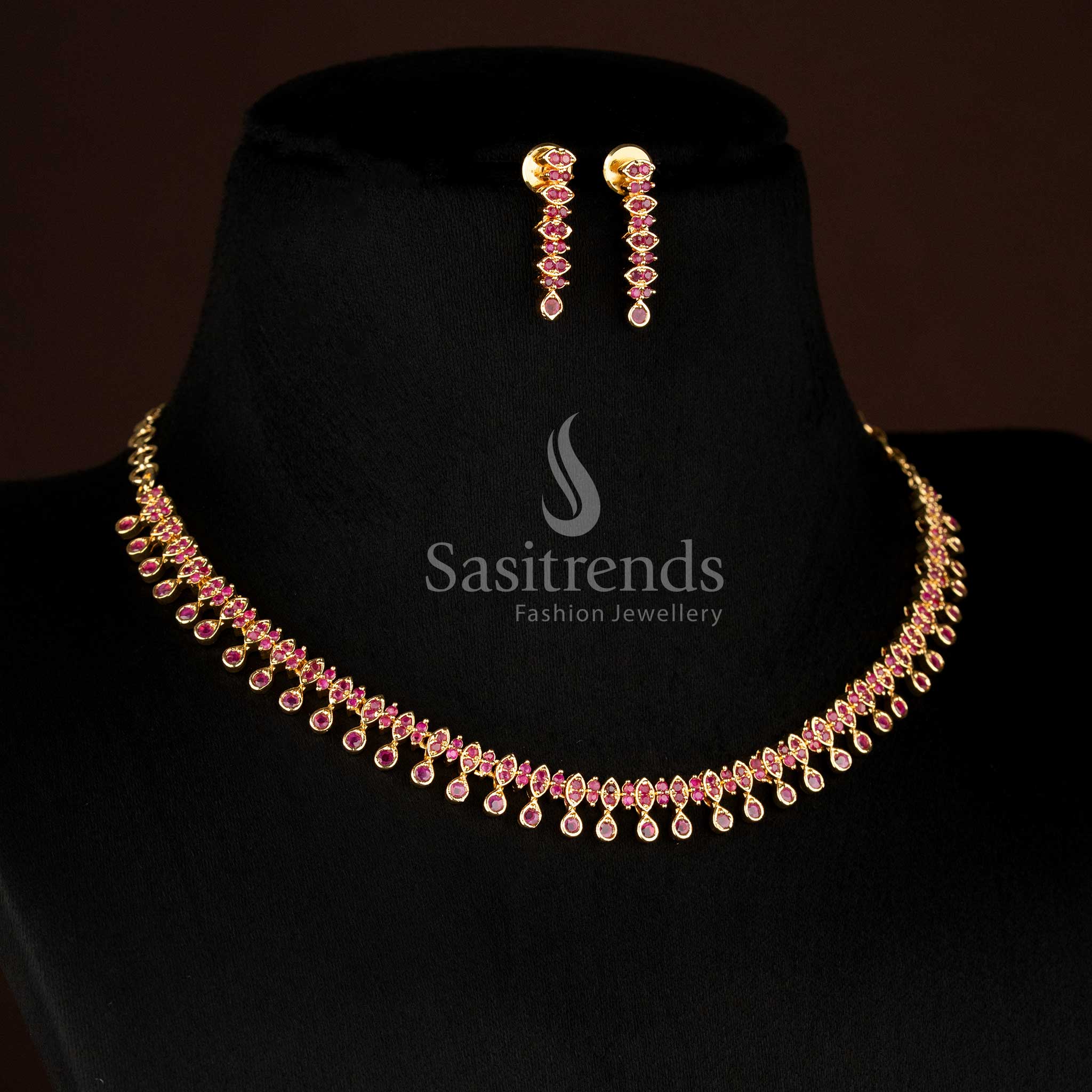 One gram 24k Micro Gold Plated Ruby American Diamond Layered Drop Motif Necklace Set with premium traditional look - Sasitrends