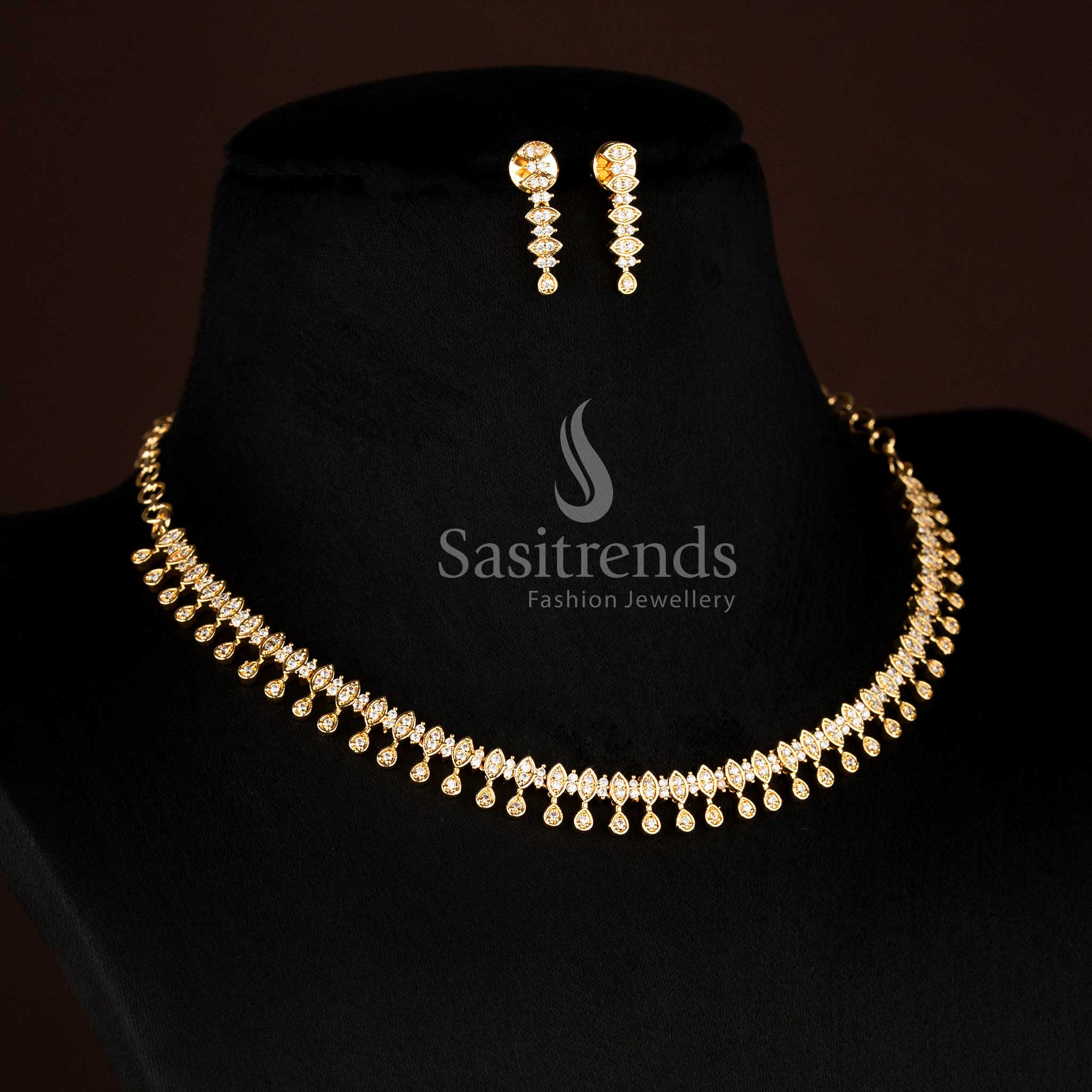 Guaranteed One gram 24k Micro Gold Plated White American Diamond Layered Drop Motif Necklace Set with premium traditional look - Sasitrends